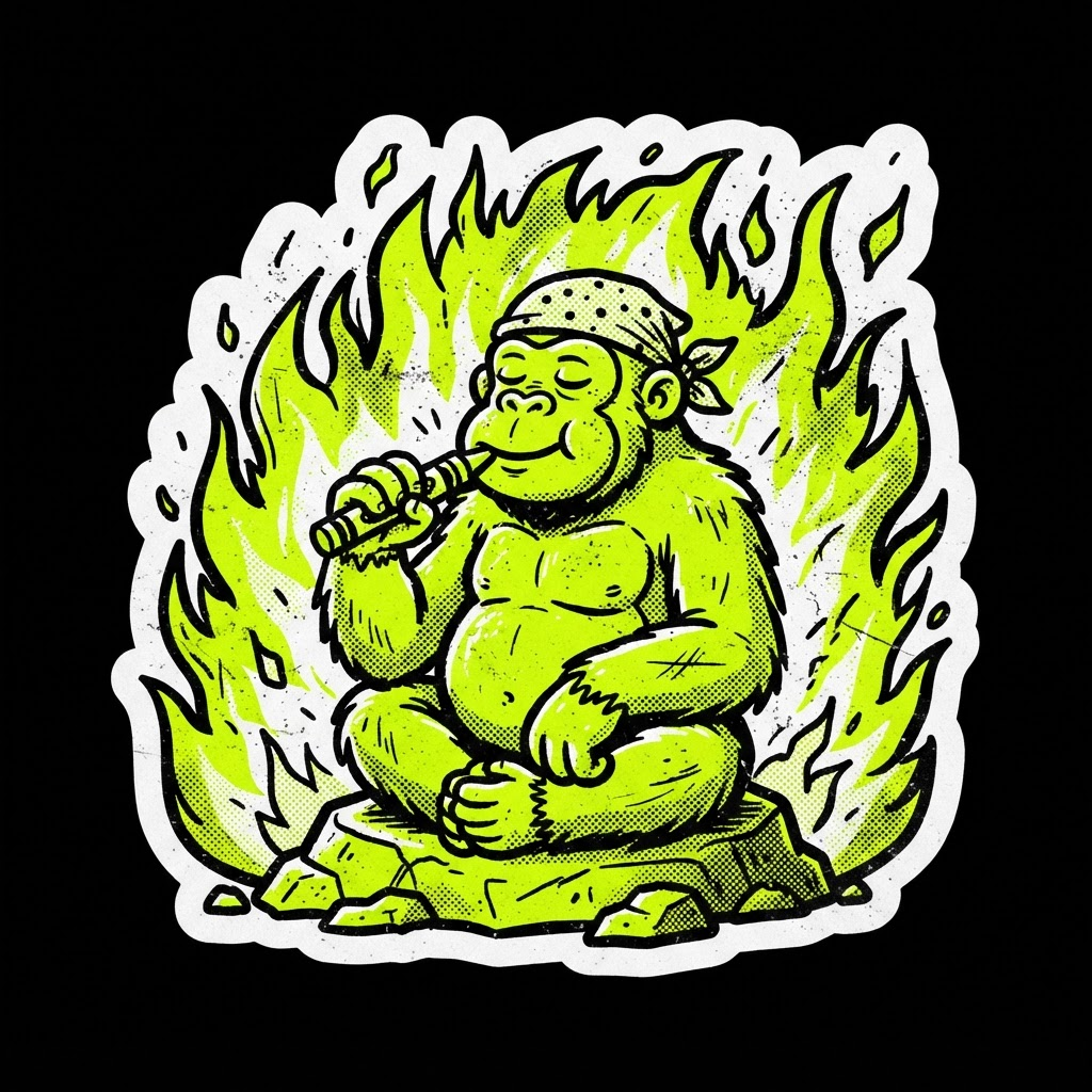 Ape eating a crayon while calm in flames